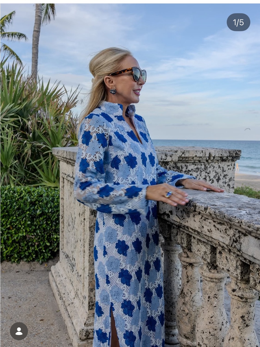 Sail to sable Blue Floral Long Sleeve caftan Maxi Dress xs